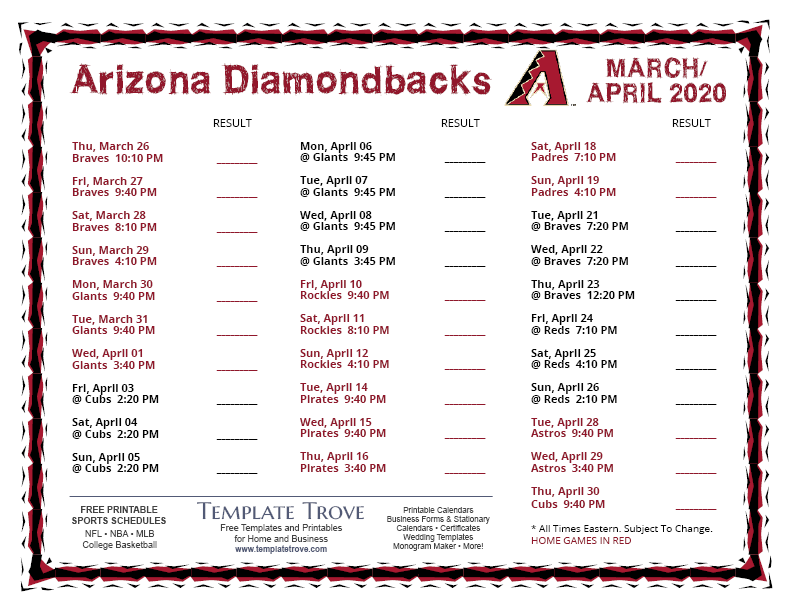 Printable Schedule  Arizona Diamondbacks