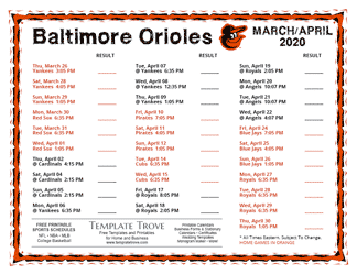 April 2020 Baltimore Orioles Printable Schedule