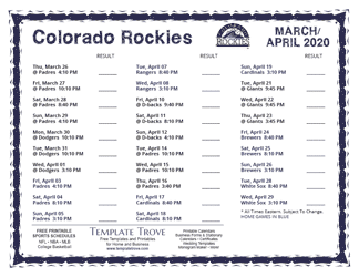 April 2020 Colorado Rockies Printable Schedule