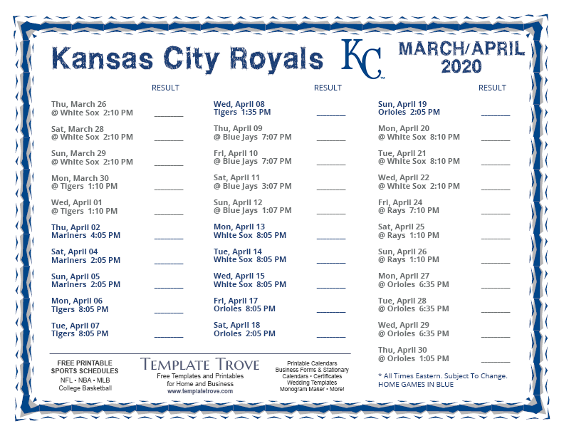 Printable 2020 Kansas City Royals Schedule