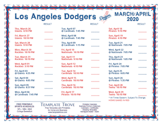 April 2020 Los Angeles Dodgers Printable Schedule