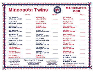 April 2020 Minnesota Twins Printable Schedule