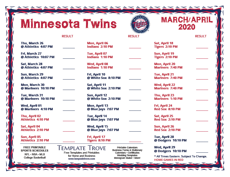 Printable 2020 Minnesota Twins Schedule