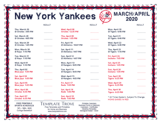 April 2020 New York Yankees Printable Schedule