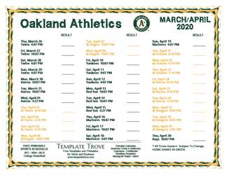April 2020 Oakland Athletics Printable Schedule