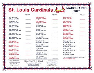 April 2020 St. Louis Cardinals Printable Schedule