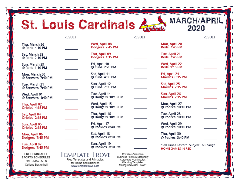 Printable 2020 St Louis Cardinals Schedule