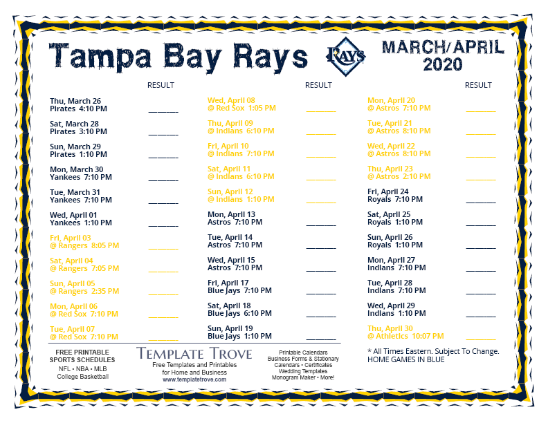 Tampa Bay Rays Printable Schedule