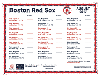 August 2017 Boston Red Sox Printable Schedule