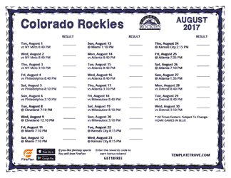 August 2017 Colorado Rockies Printable Schedule