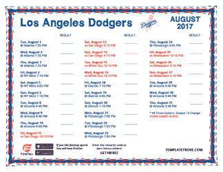 August 2017 Los Angeles Dodgers Printable Schedule