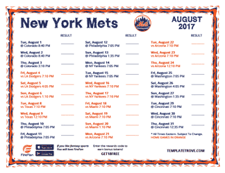 August 2017 New York Mets Printable Schedule