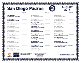 August 2017 Padres Schedule