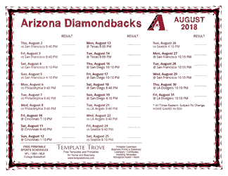 August 2018 Arizona Diamondbacks Printable Schedule