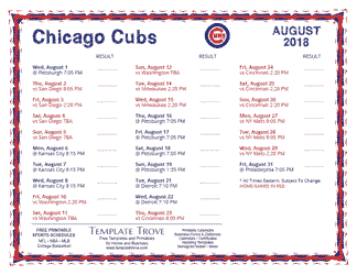 August 2018 Chicago Cubs Printable Schedule
