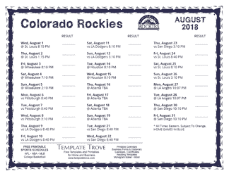 August 2018 Colorado Rockies Printable Schedule