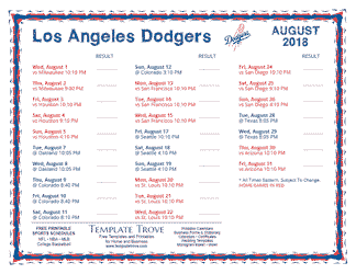August 2018 Los Angeles Dodgers Printable Schedule