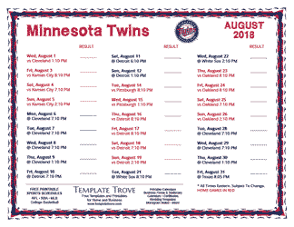 August 2018 Minnesota Twins Printable Schedule