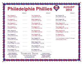 August 2018 Philadelphia Phillies Printable Schedule