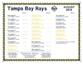 August 2018 Tampa Bay Rays Printable Schedule