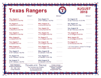 August 2018 Texas Rangers Printable Schedule