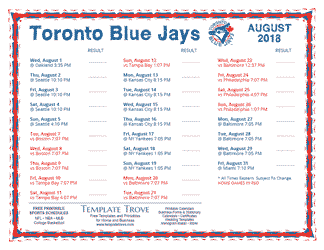 August 2018 Toronto Blue Jays Printable Schedule