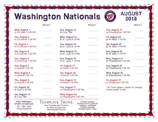 August 2018 Washington Nationals Printable Schedule
