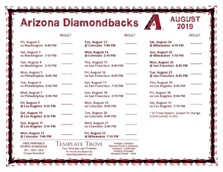 August 2019 Arizona Diamondbacks Printable Schedule