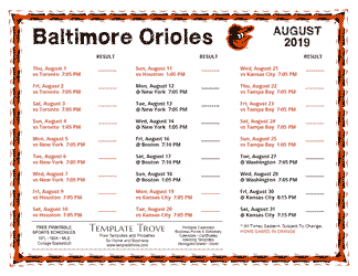 August 2019 Baltimore Orioles Printable Schedule