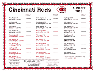 August 2019 Cincinnati Reds Printable Schedule