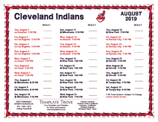 August 2019 Cleveland Indians Printable Schedule