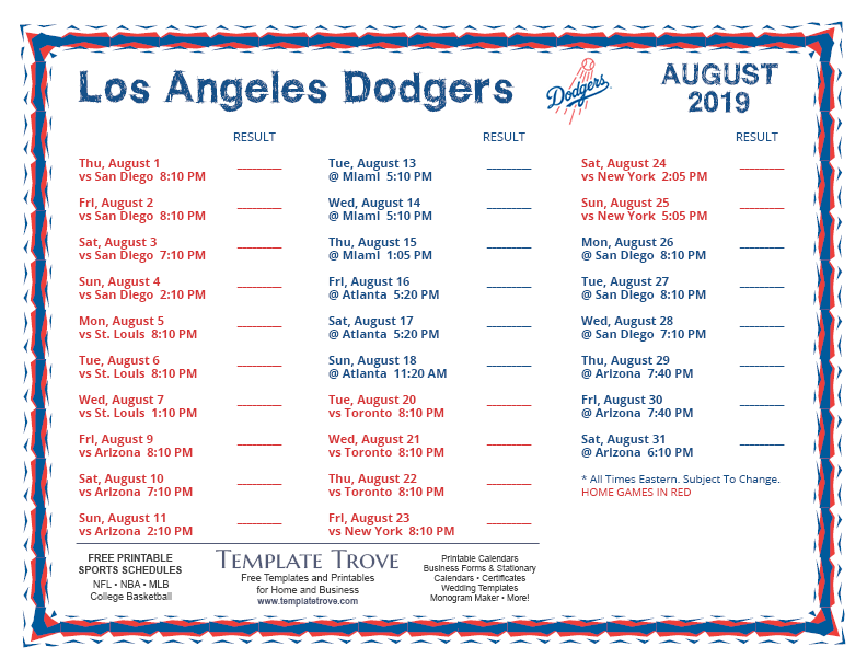 Printable 2019 Los Angeles Dodgers Schedule