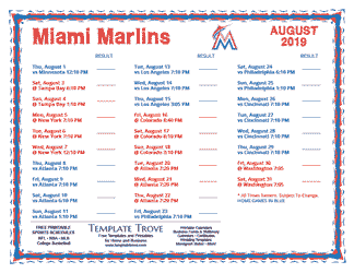 August 2019 Miami Marlins Printable Schedule