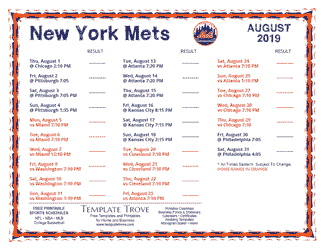 August 2019 New York Mets Printable Schedule