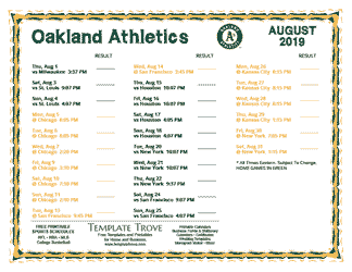 August 2019 Oakland Athletics Printable Schedule