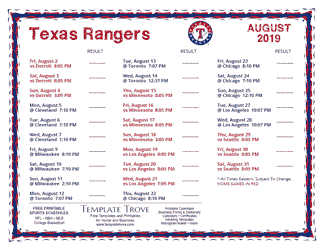August 2019 Texas Rangers Printable Schedule