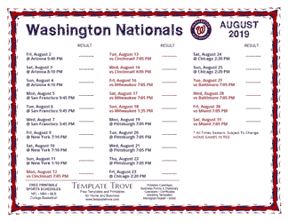 August 2019 Washington Nationals Printable Schedule