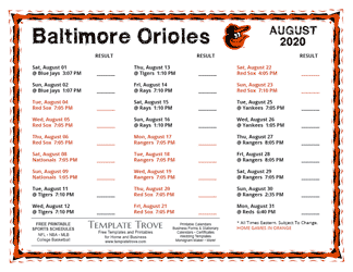 August 2020 Baltimore Orioles Printable Schedule