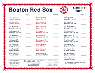 August 2020 Boston Red Sox Printable Schedule