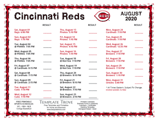 August 2020 Cincinnati Reds Printable Schedule