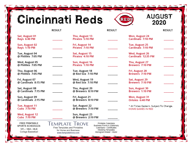 Printable 2020 Cincinnati Reds Schedule