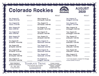 August 2020 Colorado Rockies Printable Schedule