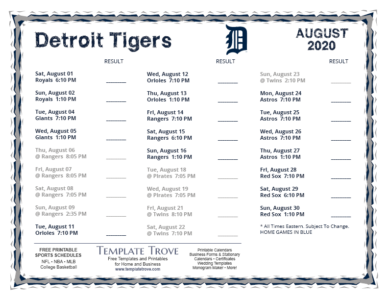 Printable 2020 Detroit Tigers Schedule