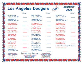 August 2020 Los Angeles Dodgers Printable Schedule