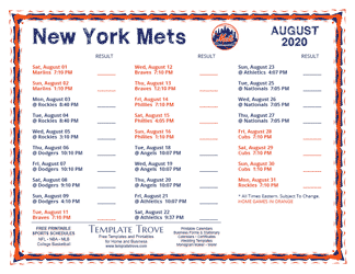 August 2020 New York Mets Printable Schedule