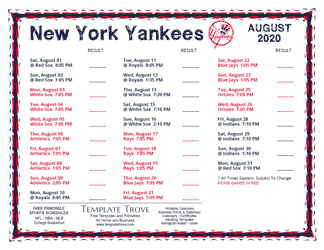 August 2020 New York Yankees Printable Schedule