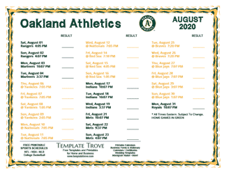 August 2020 Oakland Athletics Printable Schedule