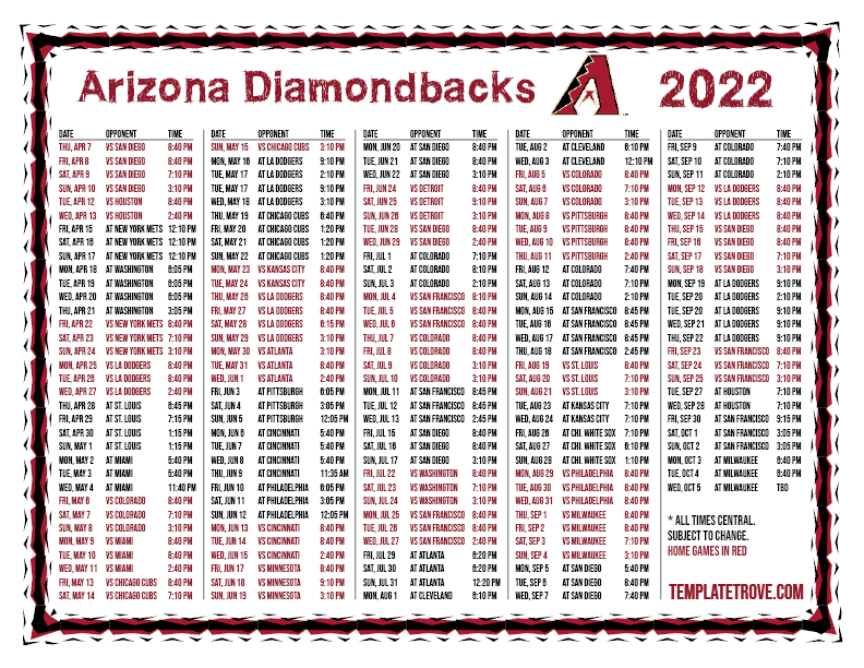Printable 2022 Arizona Diamondbacks Schedule