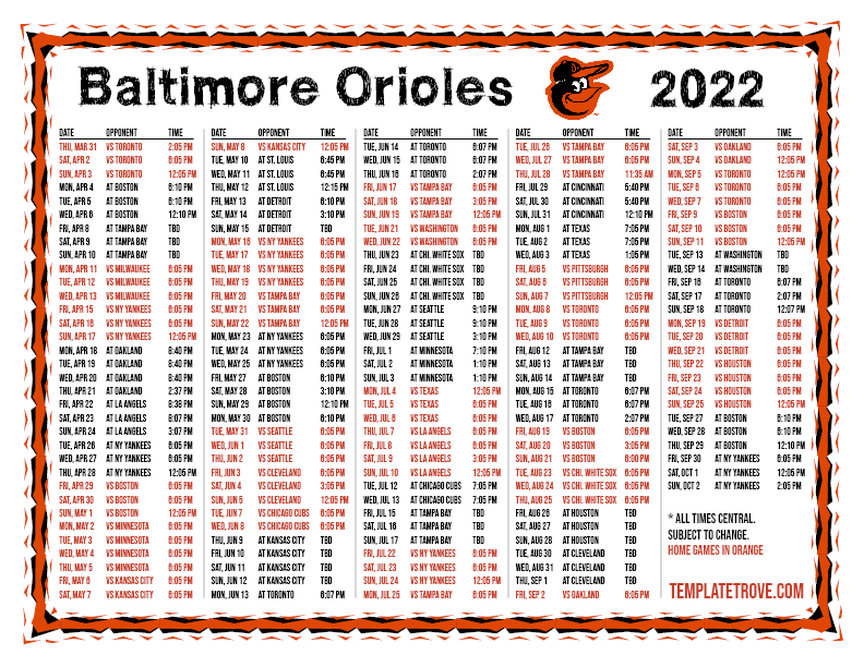Baltimore Orioles 2022 Schedule Printable