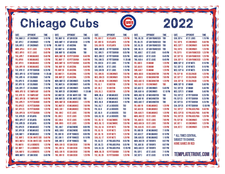 2022 Chicago Cubs Printable Schedule